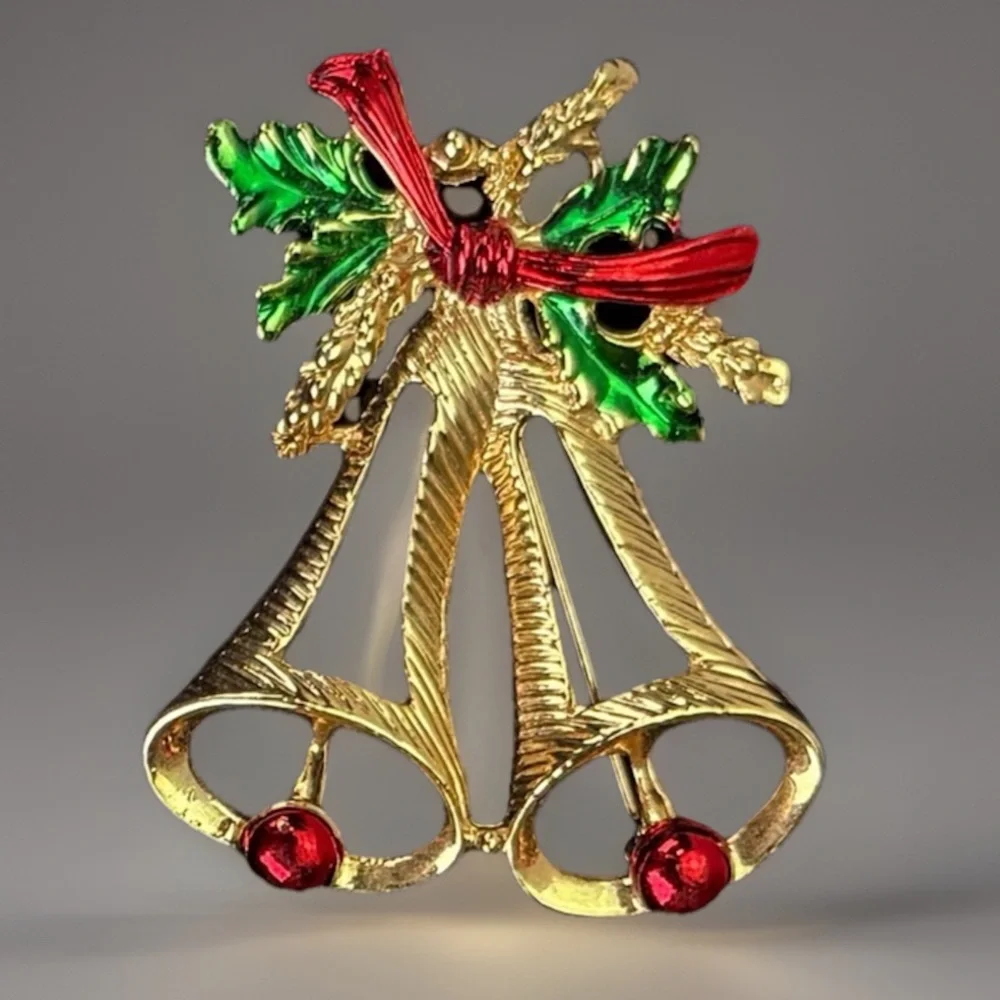 Vintage Christmas Double Bells Brooch Red Green Holly Bow Holiday Pin
